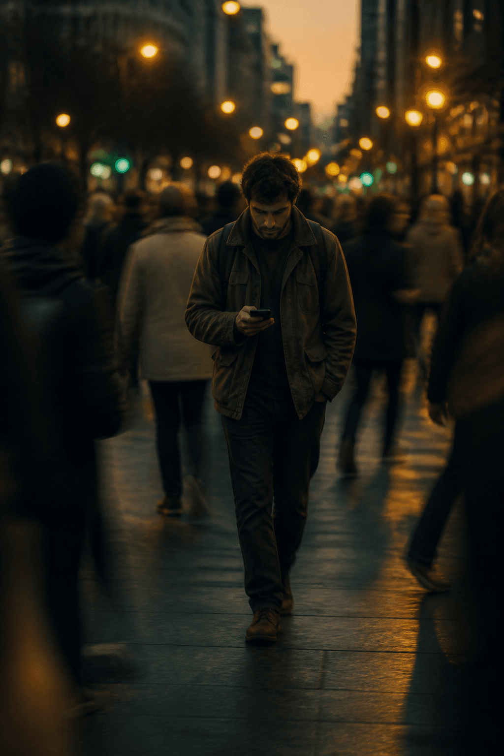 Mann in einer Menschenmenge schaut auf sein Smartphone – unsichtbare Barriere und Zurückhaltung
